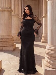 Coutiva Women's Lace Patchwork Elegant Waist-Cinched Evening Dress - Coffee Brown - View 4