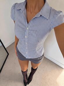 Siren Gaze 女款 51% 棉條紋前扣襯衫－藍色/白色或白色/銀色，透氣夏季款 - 藍白色 - 查看 6