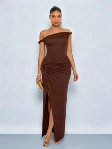 SOLERSUN Autumn/Winter Women's Party Dress, Brown Elastic Fabric, Asymmetrical Shoulder Twisted Knot, Hip Ruched Twist, Front Side Slit, Extra Long Dress - Coffee Brown - View 6