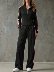 SHEIN Women's Spring/Autumn Vintage Sporty Contrast Color Webbing Stand Collar Cotton Top And Pants Set Suitable For Daily Wear, Outings And Parties. - Black - View 4