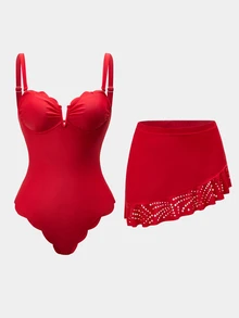 Swim Oasis Christmas Red Petal Trim Bandeau Detachable Shoulder Strap Skirt Swimsuit One Piece Two Pieces Set - Red - View 7