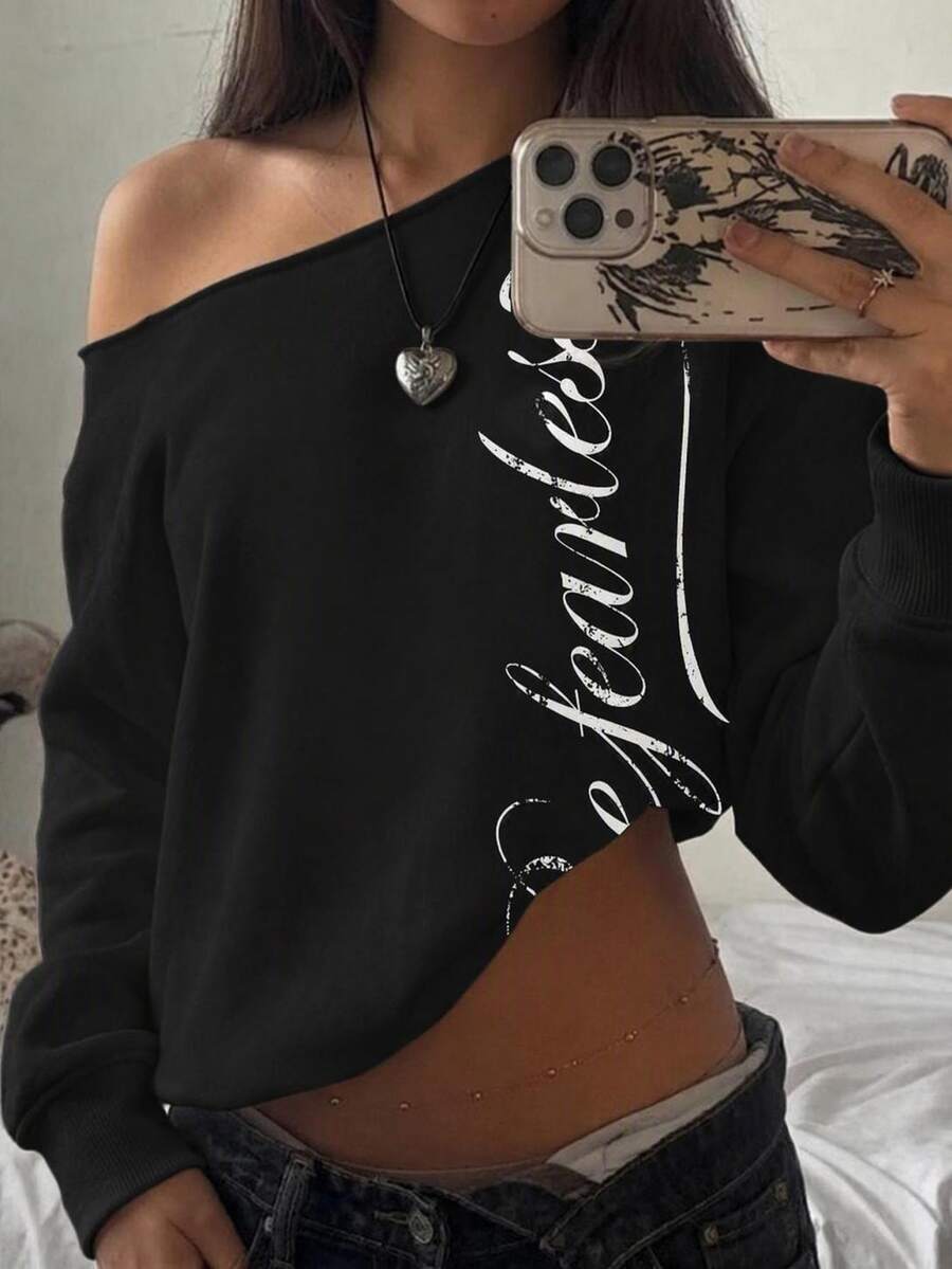 SHEIN EZwear 女款露肩寬鬆休閒長袖衛衣,街頭風英文時尚圖案,適合秋冬穿著 - 黑色 - 查看 1