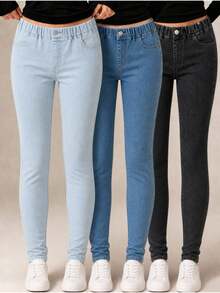 SHEIN 3PCS Tween Girls Jeans - Multicolor - View 3