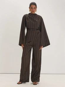 MUSEYN Brown Satin High Neck Ruched Waist Blouser Versatile Everyday Casual Fall - Coffee Brown - View 2
