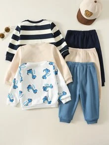 SHEIN 男女嬰兒/幼兒 3套組 秋冬保暖內裡休閒可愛拼接運動衫套裝，嬰兒冬季套裝，聖誕款 - 酒紅色 - 查看 2