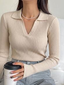 DAZY 女款素色休閒日常長袖針織衫 - 杏色 - 查看 3