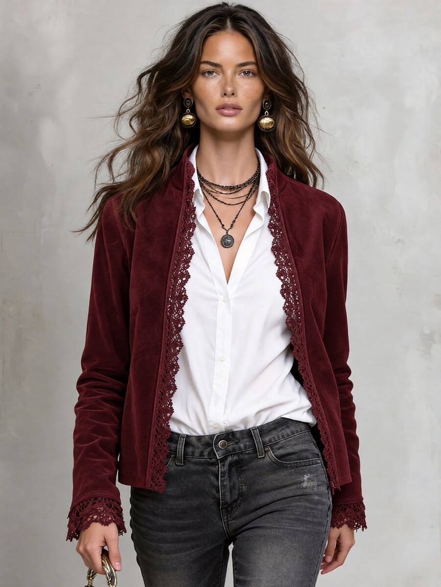 Solivie Women's Lace Patchwork Casual Daily Long Sleeve Jacket - Burgundy - View 1