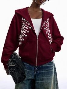 LYSMO Women's Long Sleeve Zipper & Button Design Hooded Sweatshirt - Burgundy - View 5
