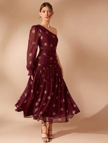 L'Amorae 優雅波點單肩長袖低腰垂墜感度假派對長洋裝，秋季、夏季，時尚洋裝，新年洋裝，聖誕節 - 彩色 - 查看 1