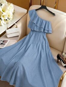 GlowEve Women's Sexy One-Shoulder Ruffle Trim Denim Dress - Blue - View 3