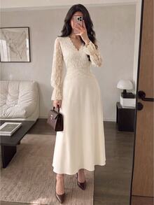Modelyn Autumn/Winter Elegant Women's Long Dress V-Neck Design Long Sleeve Lace Fabric Patchwork Ruffle French Romantic Dress - Apricot - View 4