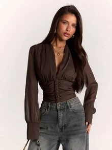 SHEIN BAE Women's Solid Color Deep V-Neck Long Sleeve Ruched Fashion Top - Brown - View 1