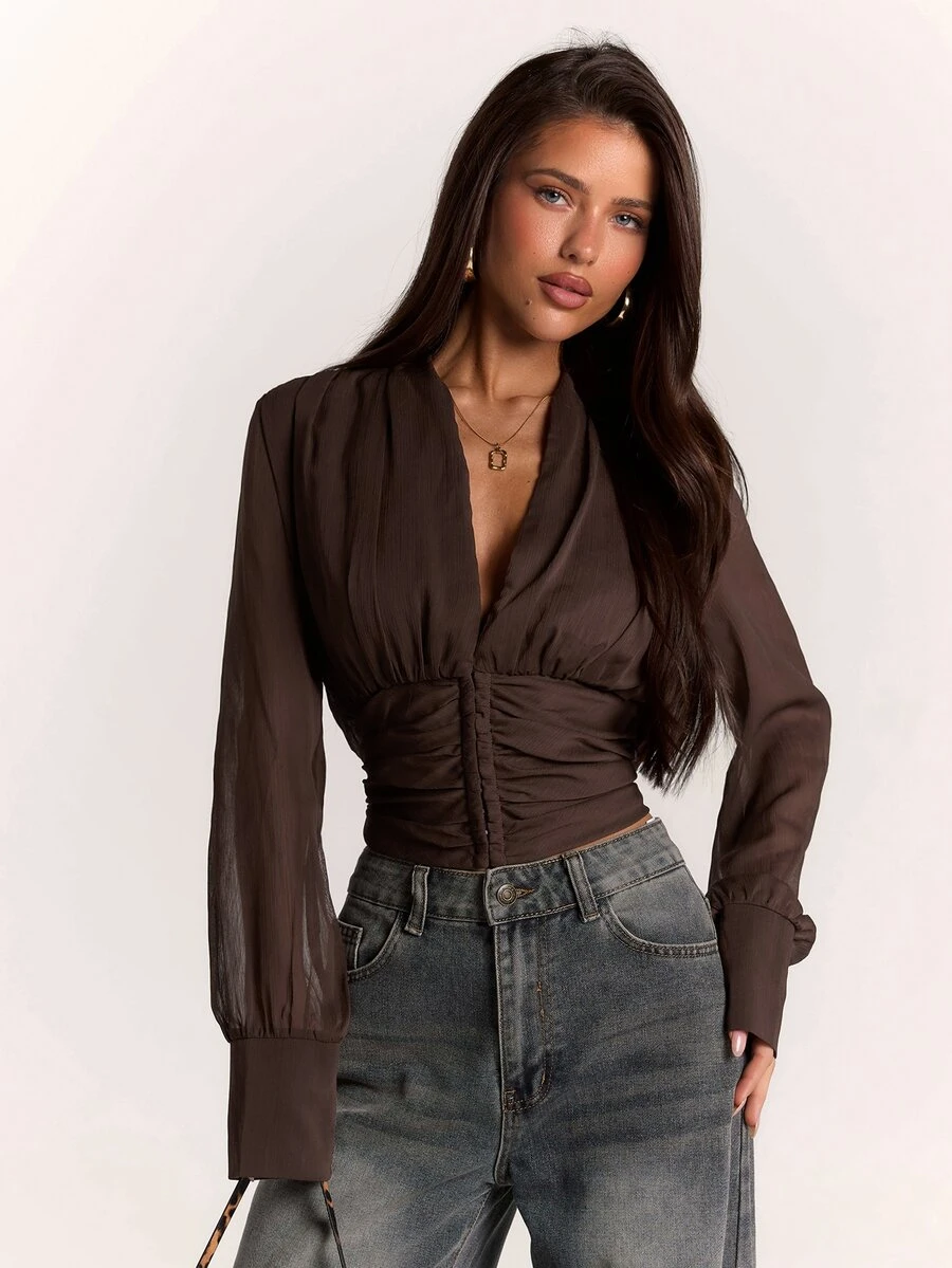 SHEIN BAE Women's Solid Color Deep V-Neck Long Sleeve Ruched Fashion Top - Brown - View 1