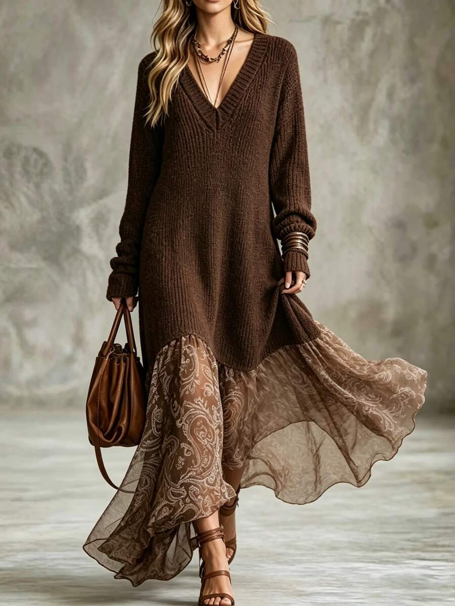 Breezaya Women's V-Neck Long Sleeve Patchwork Floral Print Asymmetric Hem Fashion Dress - Brown - View 1