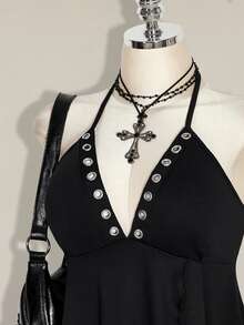 SHEIN ICON Plus Size Y2K Eyelet Decor Halter Neck Black Knit Sexy Top - Black - View 9