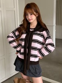 K-Vae 女款條紋拼接長袖上衣與水手領裝飾休閒日常兩件套 - 彩色 - 查看 1