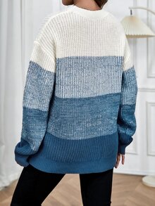 SHEIN Maternity Colorblock Round Neck Dropped Shoulder Long Sleeve Casual Sweater - Blue - View 2