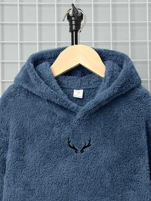 SHEIN 兒童男童休閒刺繡雙面刷毛連帽套頭針織衛衣 秋冬款 - 霧霾藍 - 查看 6