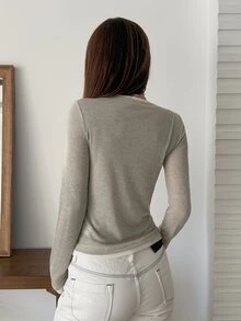 Dazy Tall Women's Patchwork Contrast Color 2 In 1 Combined Round Neck Long Sleeve Casual Street Vacation Spring Autumn Base Layer T-Shirt - Apricot - View 2