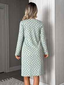 SHEIN Cotton Women Mint Green Heart Pattern Rib Knit Round Neck Long Sleeved Comfort Nightgown - Mint Green - View 2