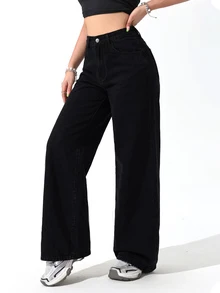 Women's High Waist Pocket Wide Leg Loose Casual Denim Jeans - Black - View 6