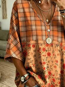 EMERY ROSE Plus Size Women's Boho Orange Plaid & Floral V-Neck Patchwork Batwing Sleeve Asymmetric Hem T-Shirt,Fall Casual Loose Tummy Coverage Going Out Tops - Multicolor - View 4