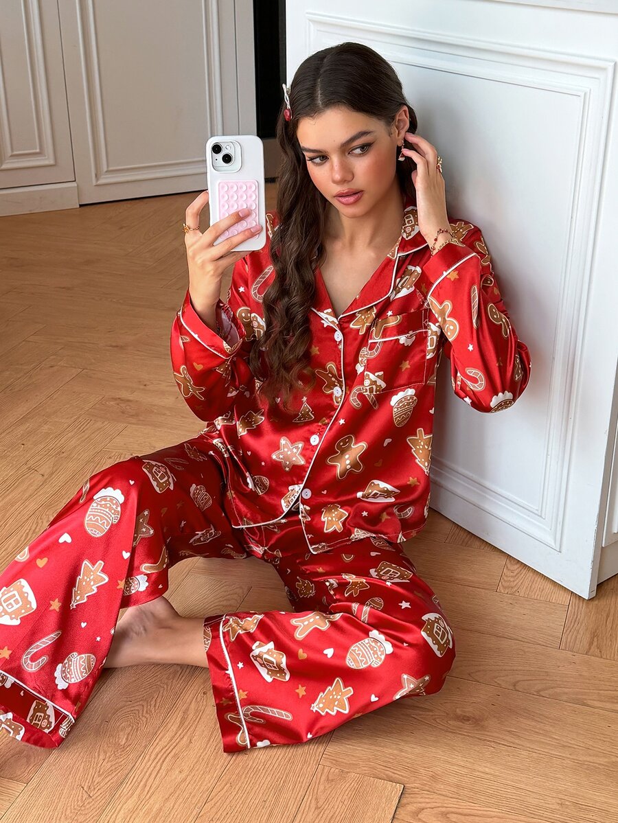 SweetSlumber Set Piyama Satin Digital Print PJS8 untuk Wanita - Merah - View 1