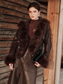 Anewsta Women Luxury Faux Leather Jacket With Plush Faux Fur Trim Hooded Winter Coat - Brown - View 4