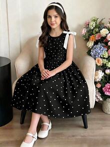 SHEIN 大女孩用一件式時尚休閒黑白波點拼接蝴蝶結背心洋裝 - 黑色 - 查看 3