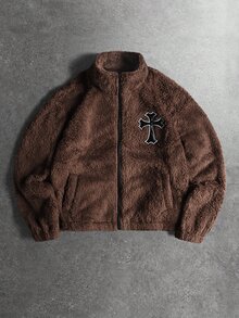 STYNVO 男士十字拼接刺繡拉鍊口袋夾克 - 棕色 - 查看 1