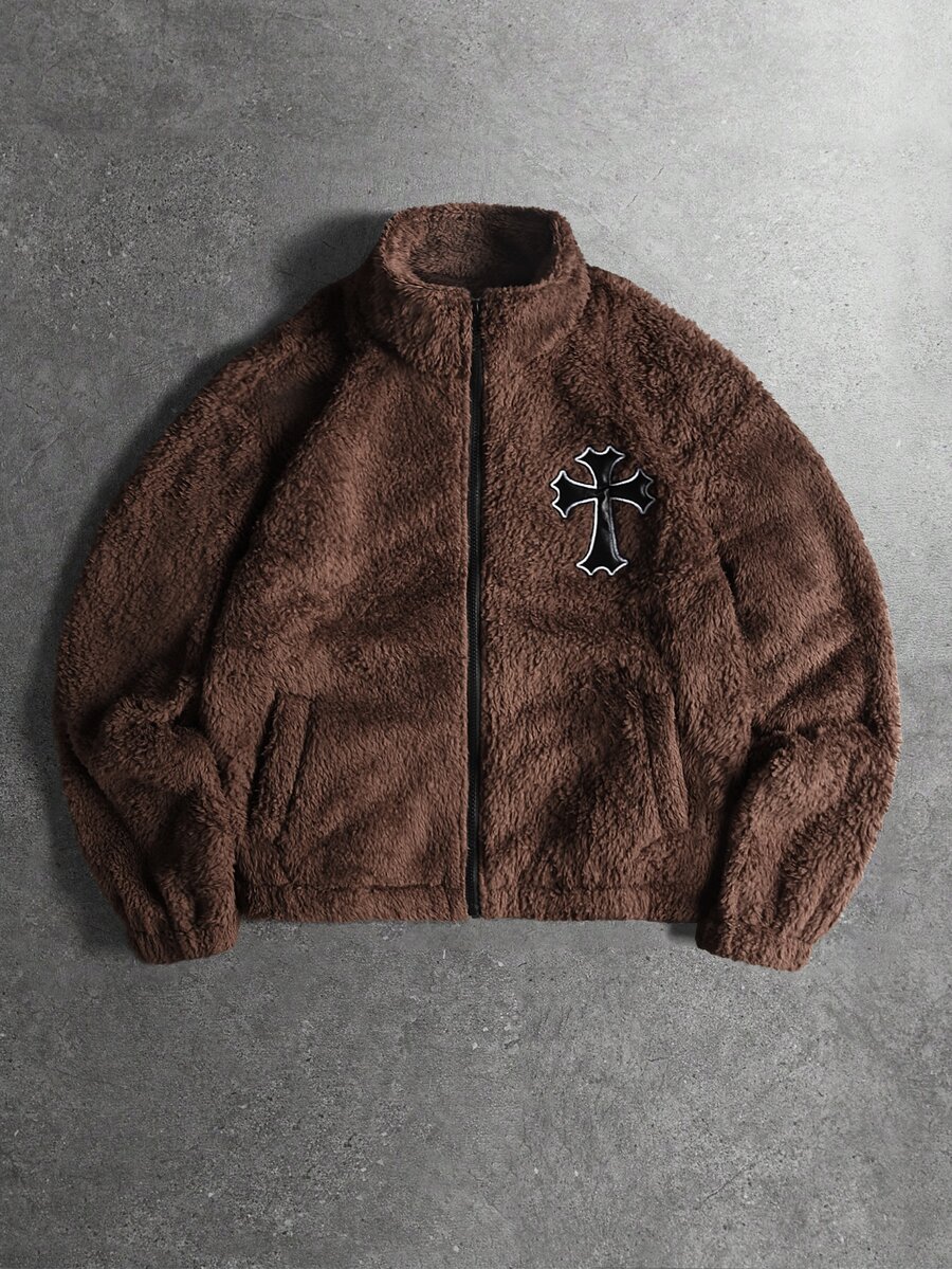 STYNVO 男士十字拼接刺繡拉鍊口袋夾克 - 棕色 - 查看 1