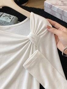 SHEIN 青少年女孩純色針織圓領休閒秋季T恤上衣 - 白色 - 查看 4