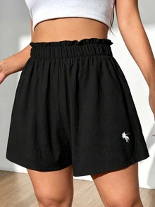 SHEIN LUNE Plus Size Casual Embroidered Elastic Waist Daily Shorts - Black - View 5