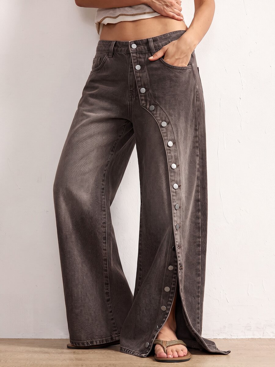 Bohemela Celana Jeans Denim Saku Kancing Desain Fashion Wanita - Coklat - View 1