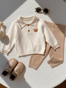 SHEIN 中性嬰兒男孩/女孩幼兒 2件組秋冬加厚抓絨針織毛衣套裝，嬰兒針織套裝，嬰兒毛衣，嬰兒套裝，聖誕節 - 卡其色 - 查看 4
