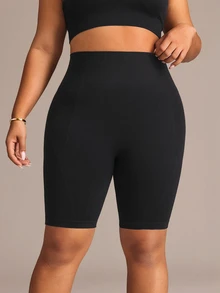 SHEIN Rhythm Era Women's Plus Size Solid Color High Waist Daily Fitness Sports Shorts - Black - View 5