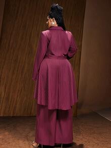 Maweii Plus Size Sexy Burgundy Striped Asymmetrical Hem Blazer And Pants Set - Burgundy - View 3