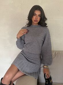 Aloruh Women's Autumn/Winter Pullover Sweater + Pleated Mini Skirt - Dark Grey - View 5
