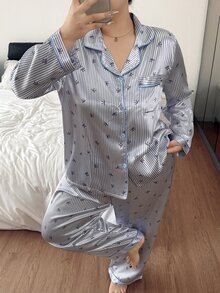 Doze Lane Conjunto de Pijama Talla Grande con Estampado de Rayas & Lazo y Ribete de Contraste - Multicolor - Ver 5