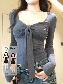 Dazy Tall تي شيرت نسائي بأكمام طويلة مع فيونكة ورباط - رمادي - مشاهدة 1