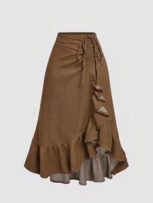 Sweetra Women's Ruffle Pleated Casual Versatile Denim Skirt - Brown - View 1