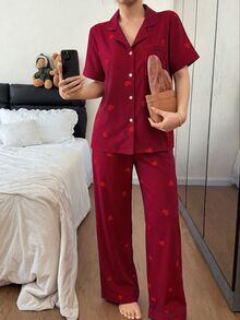 SHEIN 條紋愛心印花翻領短袖長褲女款睡衣套裝 - 彩色 - 查看 6