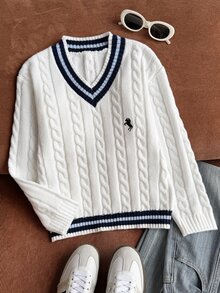 SHEIN Tween Girls Sweaters - Striped, Color-Blocked, Cable Knit, V-Neck, Lantern Sleeve, Wide-Leg Pullover Sweater For Girls, Perfect For Autumn And Winter, And Great For . - White - View 3