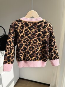 (女童) 粉色豹紋提花圓領套頭長袖毛衣，適合春季、秋季、冬季，可搭配牛仔褲、夾克、棉襖 - 彩色 - 查看 2