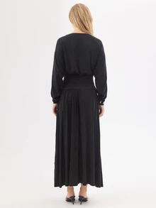 KÆRIA Hus Long Sleeve Blouson Long Dress - Soft Touch Drape Jersey - Black - Drop Waist, Gathered Hem - Black - View 2