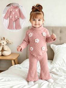 SHEIN Baby Girl Cute Autumn/Winter Versatile Polka Dot Bow Long Sleeve Sweatshirt & Elastic Waist Long Pants Set - Apricot - View 1