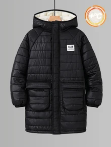 SHEIN 兒童青少年男孩秋冬連帽保暖內裡加厚黑色絎縫外套，冬季外套，派克大衣，填充外套，絎縫外套 - 黑色 - 查看 3