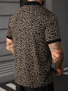 SLATEMANN Men's Leopard Print Letter Denim Short Sleeve Casual Polo Shirt - Black - View 2