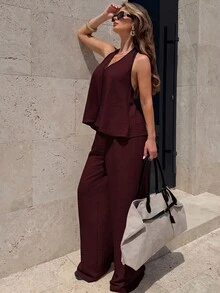Firerie Women's Elegant 2 Pieces Set With V-Neck Halter Tank Top And Long Pants - Burgundy - View 7