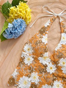 Soleia 新款性感浪漫花卉刺繡V領露背綁帶背心，適合約會、夜店、波希米亞風、度假、秋季女裝、復古、假期 - 亮橙色 - 查看 5